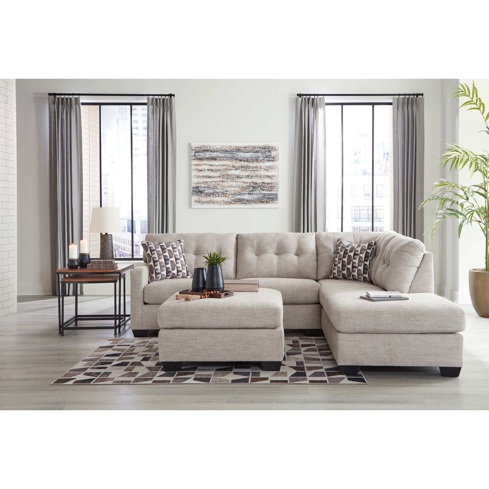 Contemporary Mahoney Sectional in pebble with comfortable chaise, ideal for lounging in Milwaukee