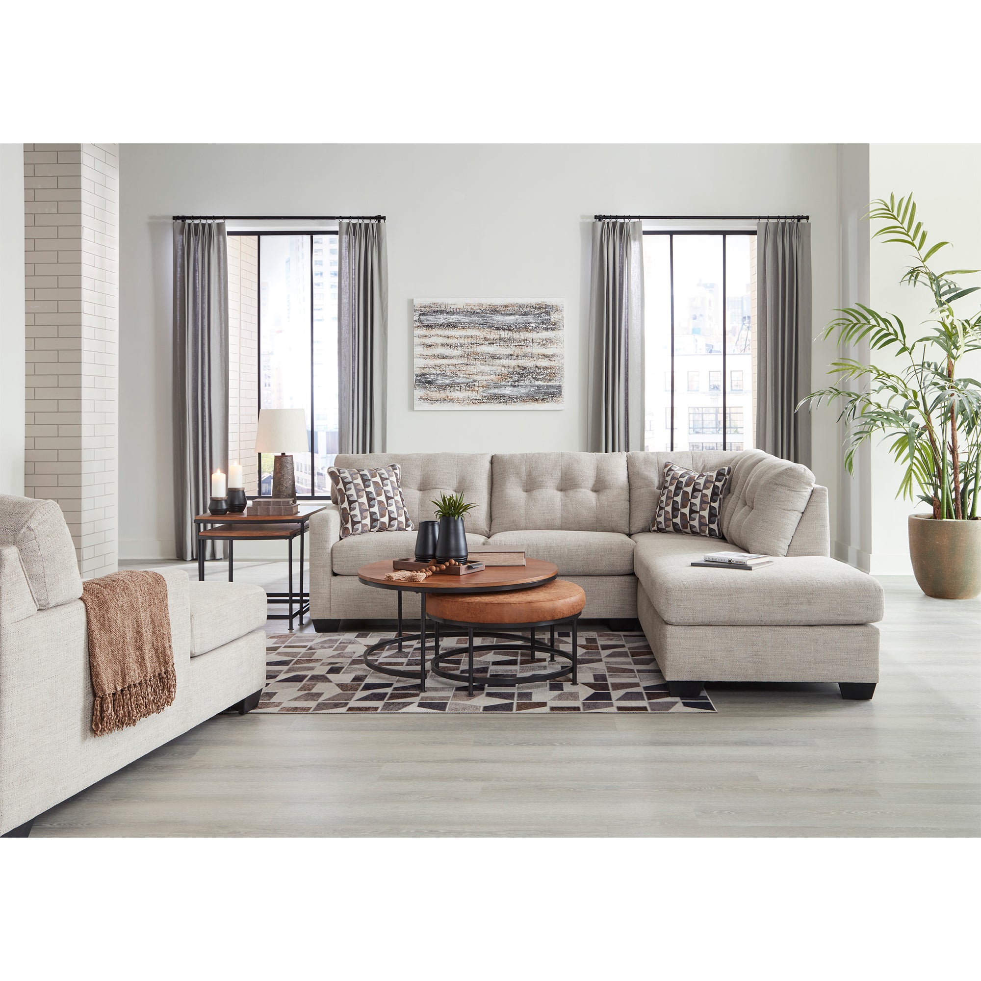 Versatile Mahoney Sectional in pebble color with chaise, blends seamlessly into Milwaukee home decors