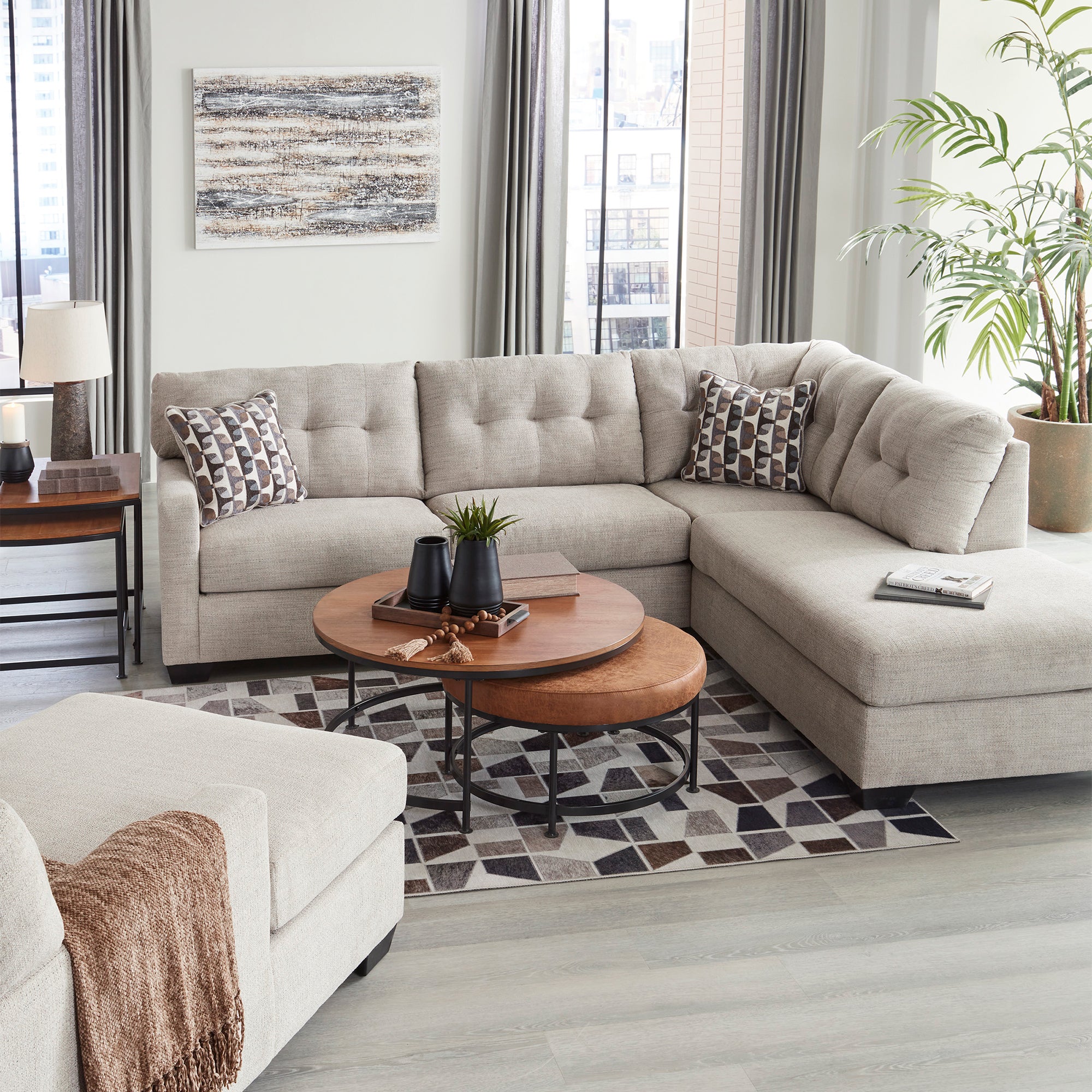 Elegant and inviting Mahoney 2-Piece Sectional in pebble, a must-have for cozy Milwaukee homes