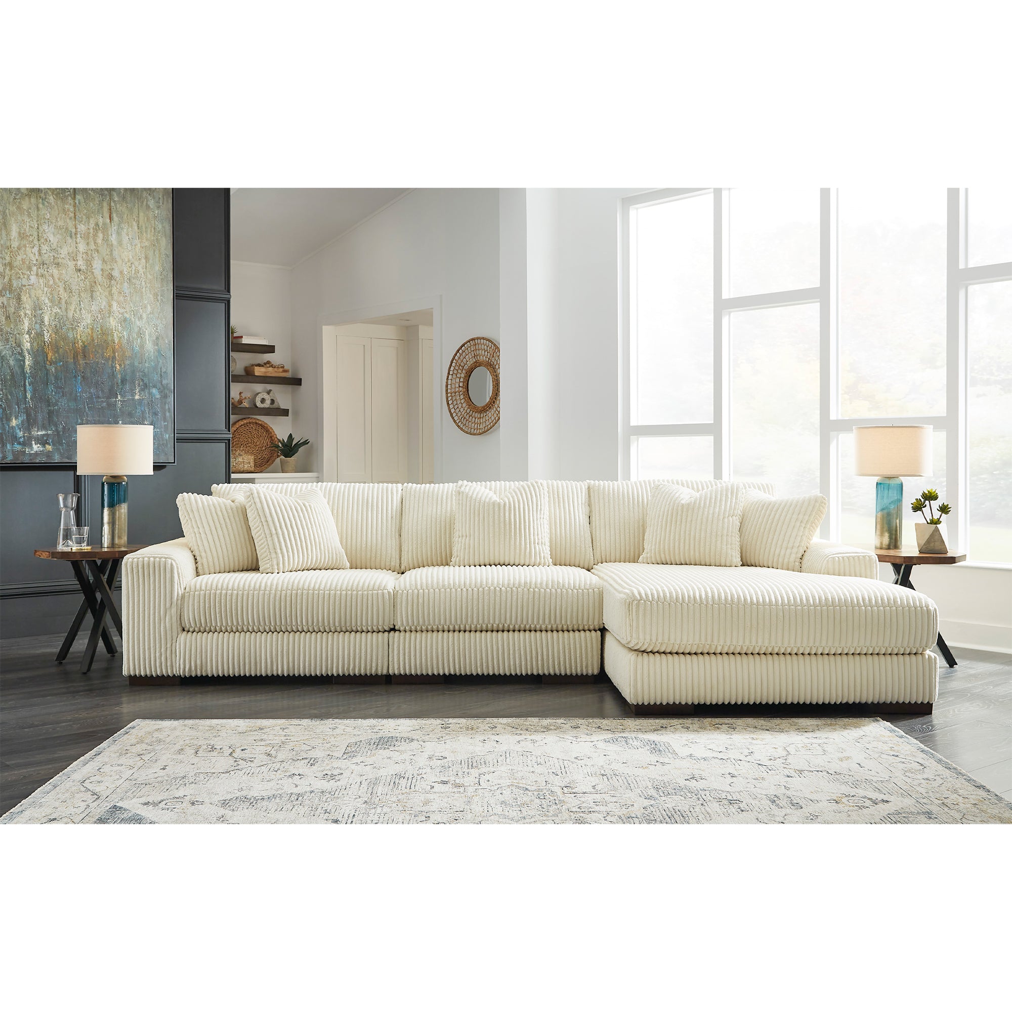 Lindyn 3-Piece Sectional with Chaise in Ivory Color
