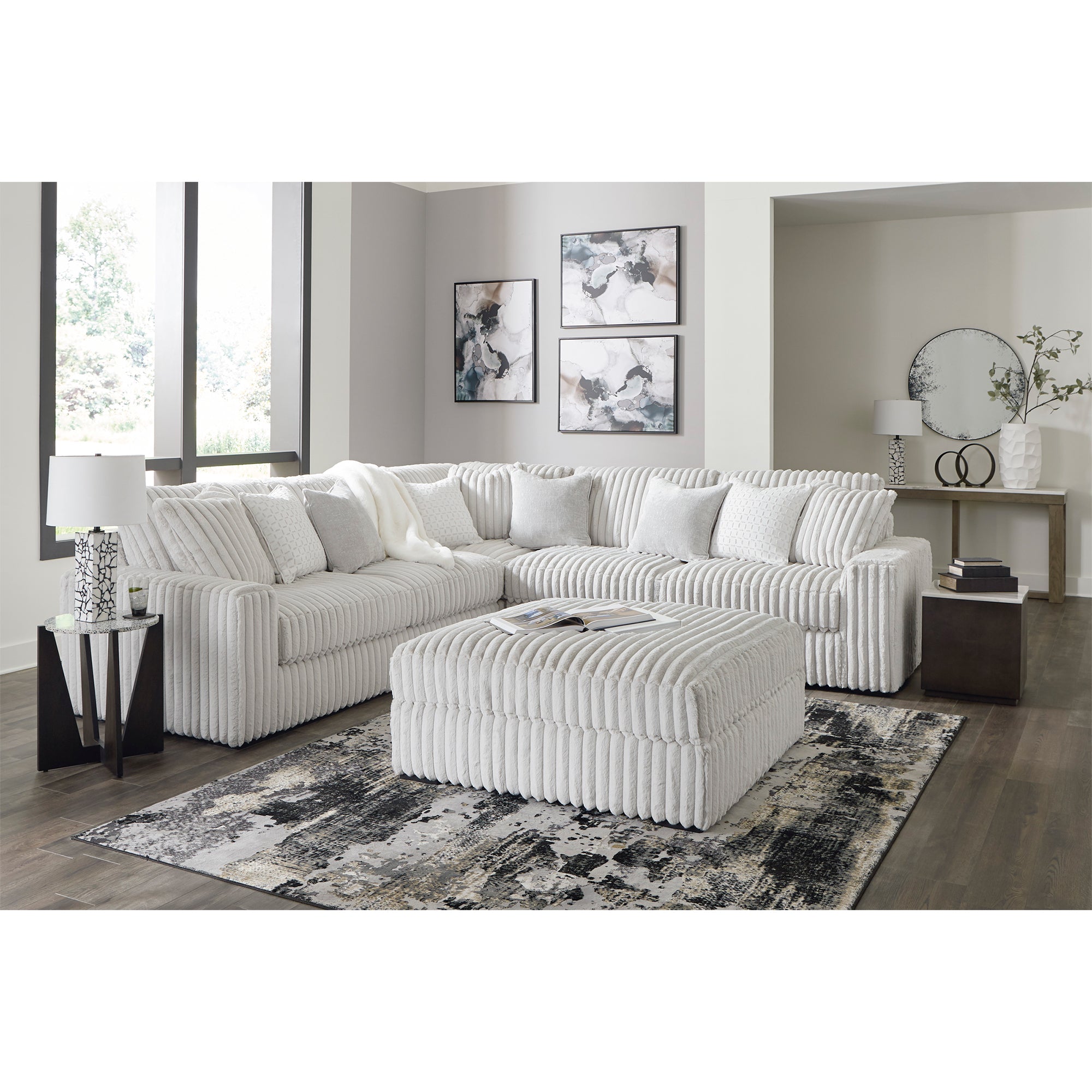 Contemporary Stupendous Sectional with polyester upholstery and faux wood finish feet, combines comfort with modern design
