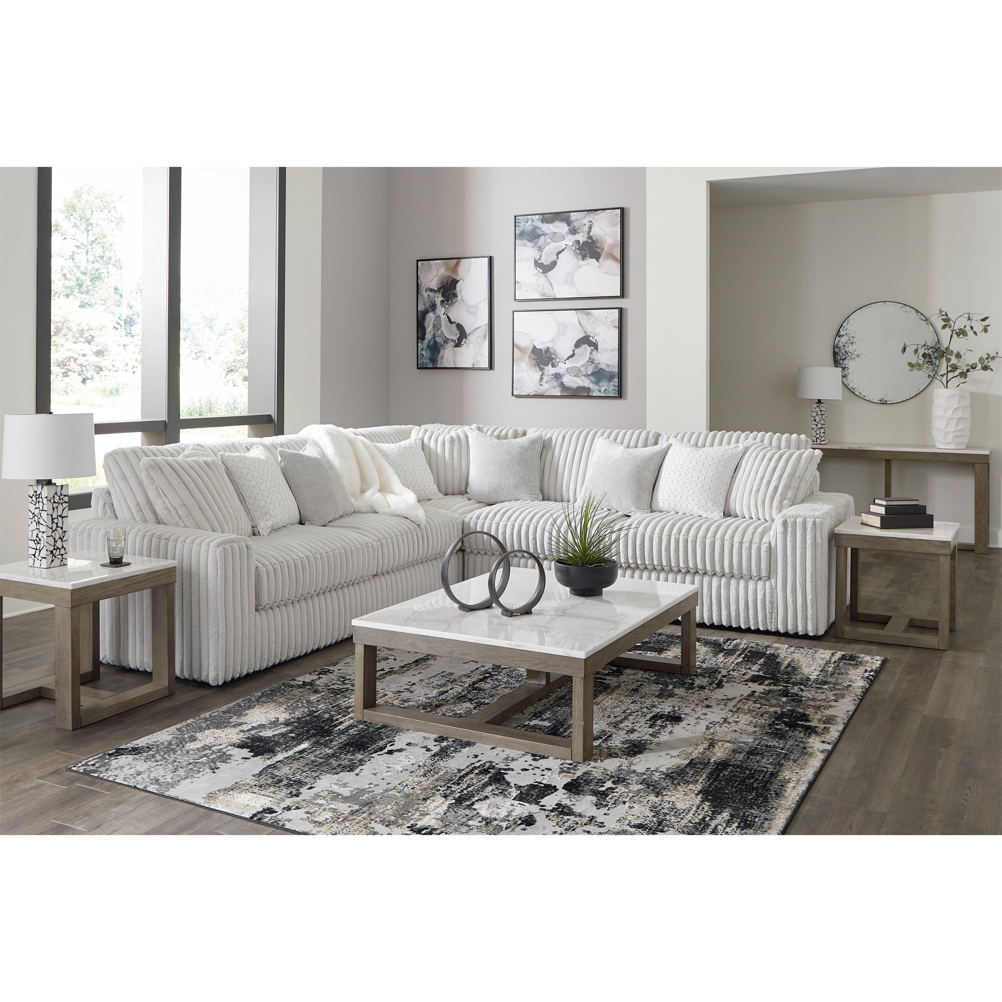Stylish and practical Stupendous Sectional, designed for both comfort and durability with its unique feather-fiber cushion blend