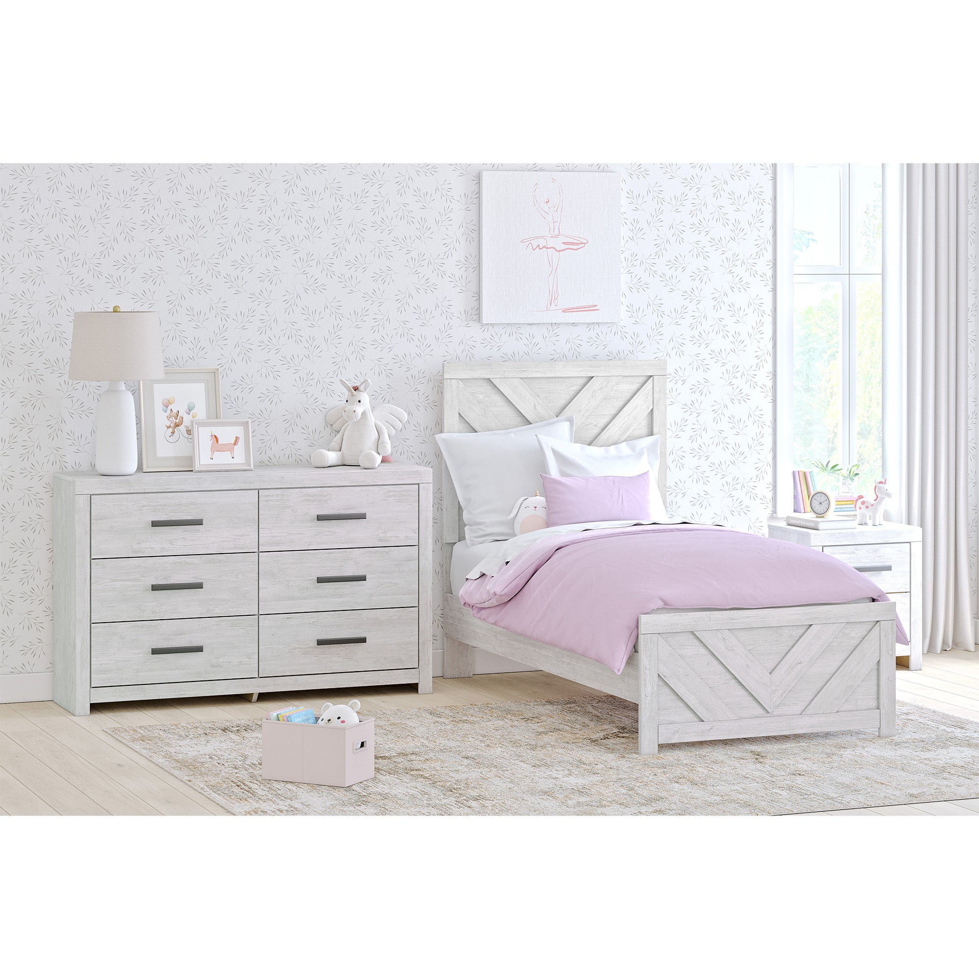 Cayboni Twin Panel Bed with Mirrored Dresser