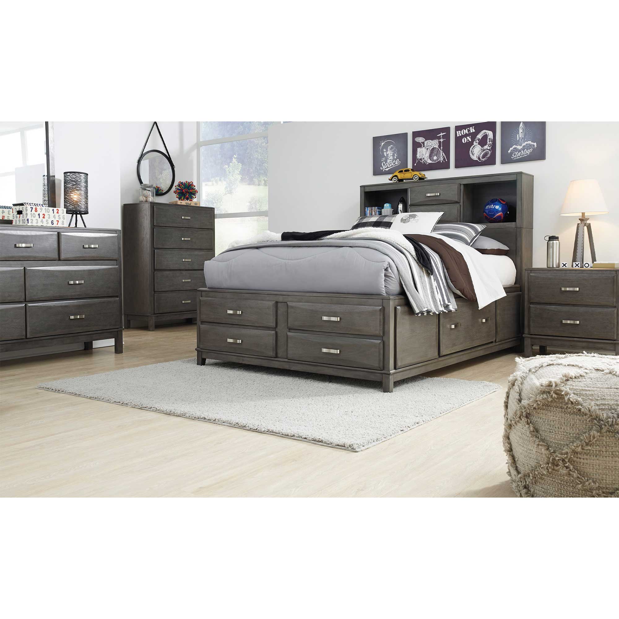 Caitbrook Full Storage Bed with 8 Storage Drawers with Mirrored Dresser