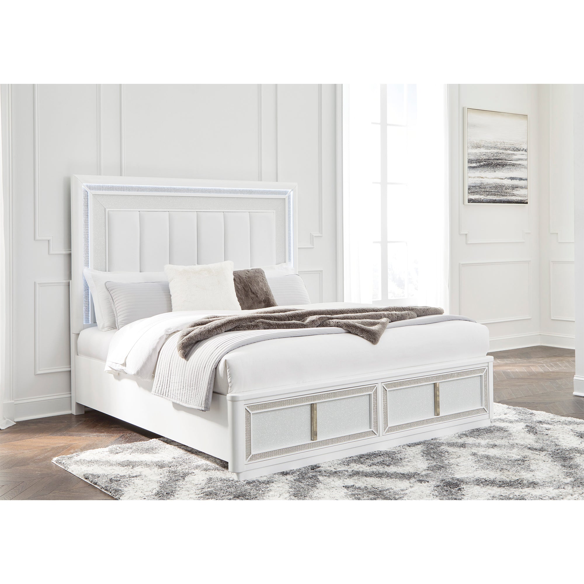 Chalanna King Upholstered Storage Bed with Mirrored Dresser