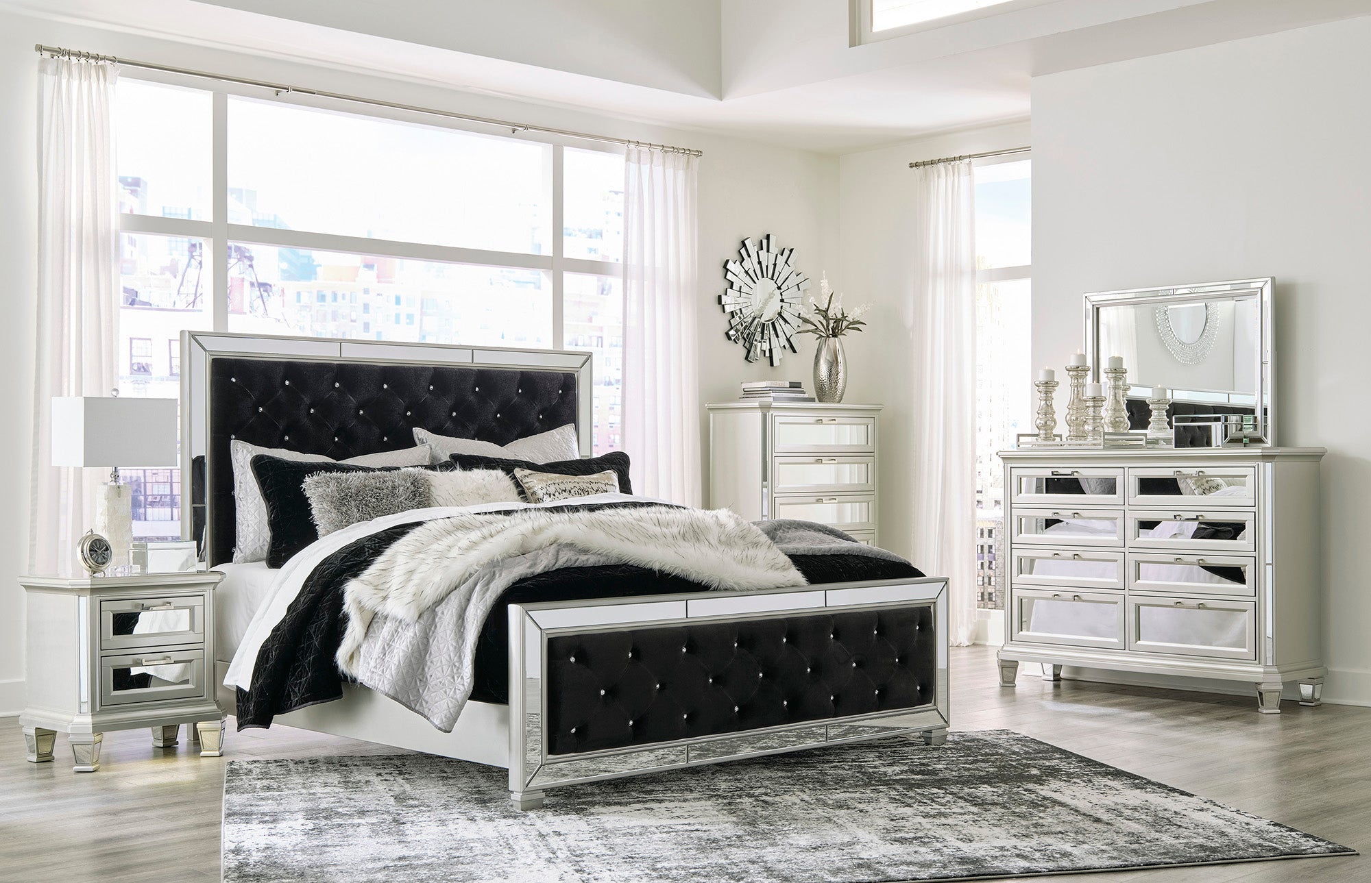 Lindenfield King Panel Bed with Mirrored Dresser