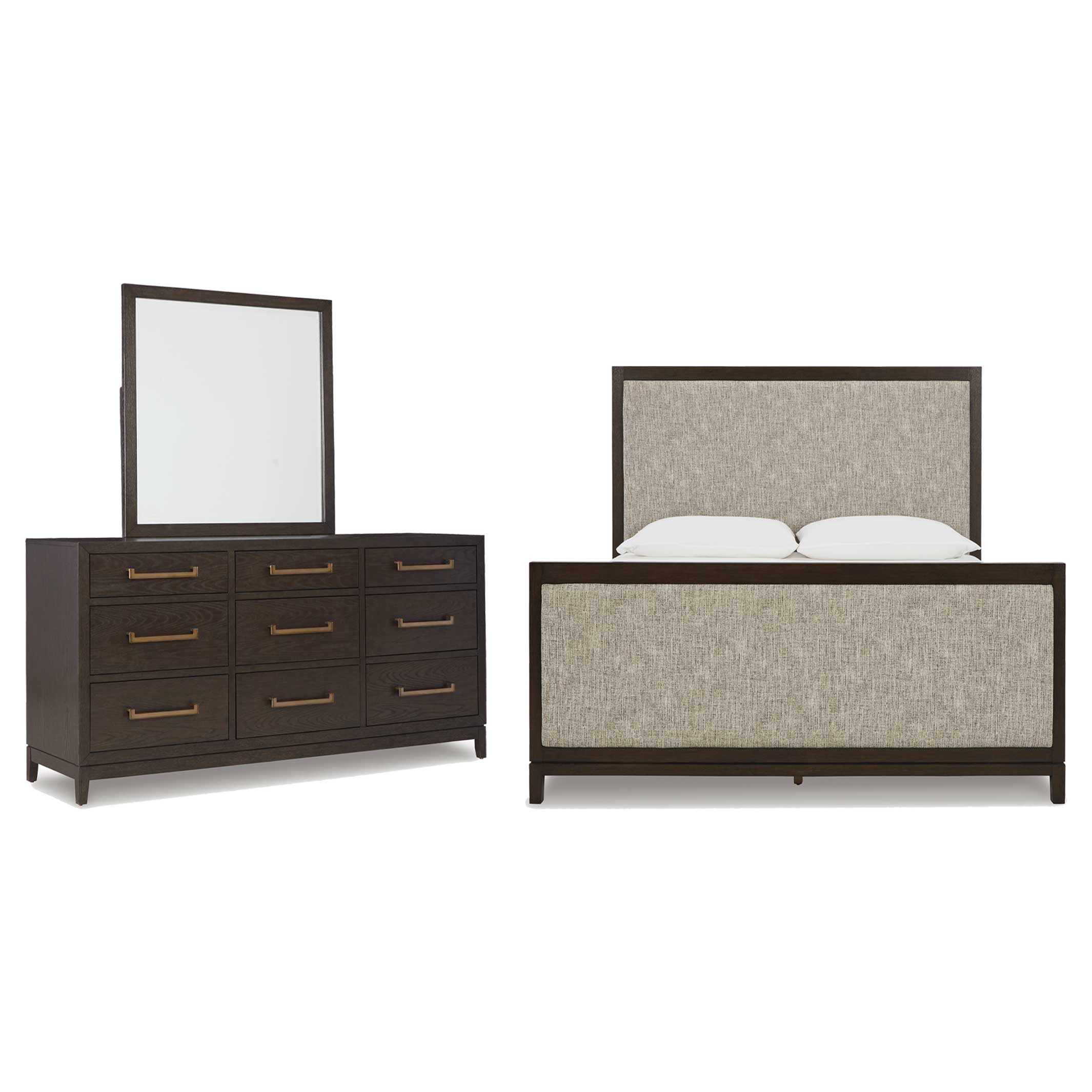 Burkhaus Queen Upholstered Bed with Mirrored Dresser