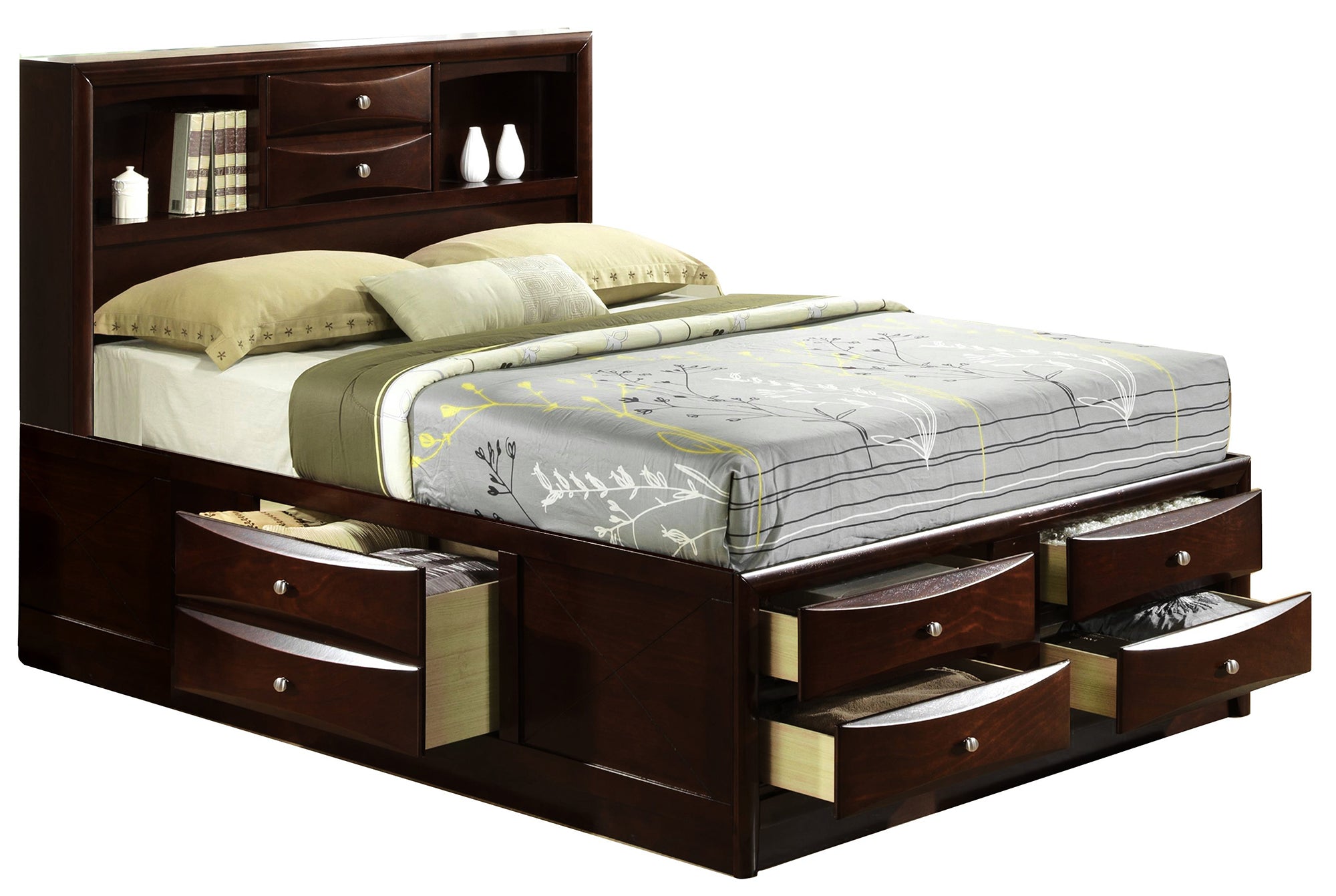 Emily Queen Storage Bed with 8 Storage Drawers with Mirrored Dresser