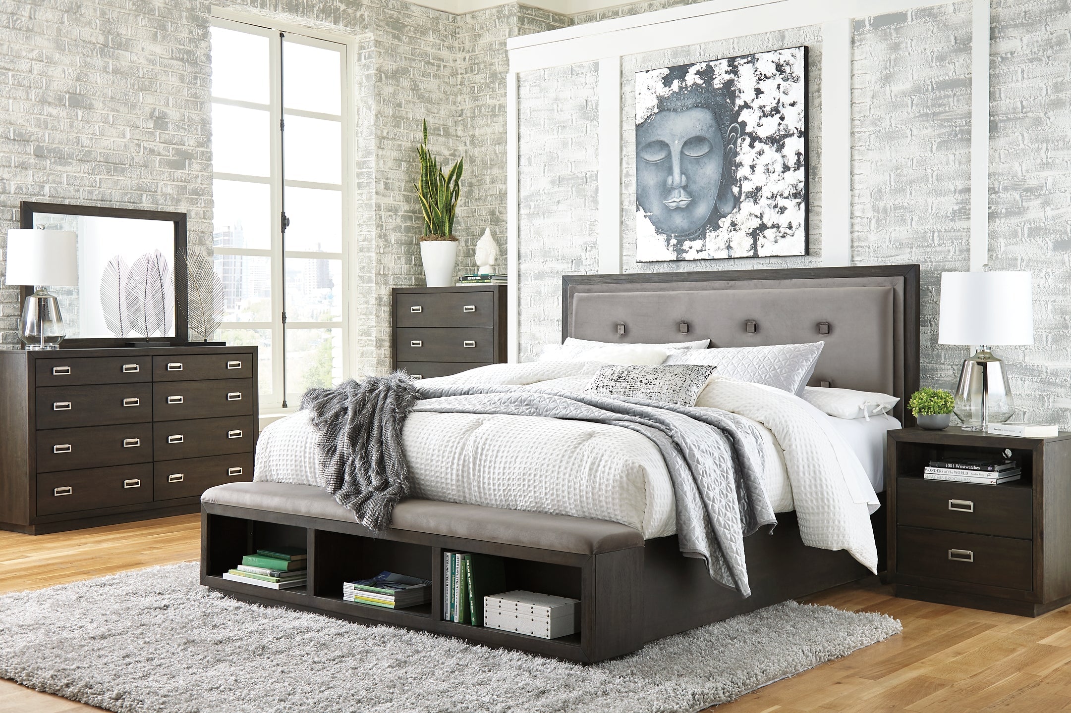 Hyndell King Upholstered Panel Bed with Storage with Mirrored Dresser