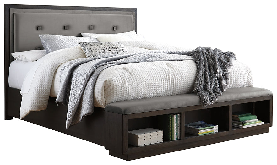 Hyndell King Upholstered Panel Bed with Storage with Mirrored Dresser