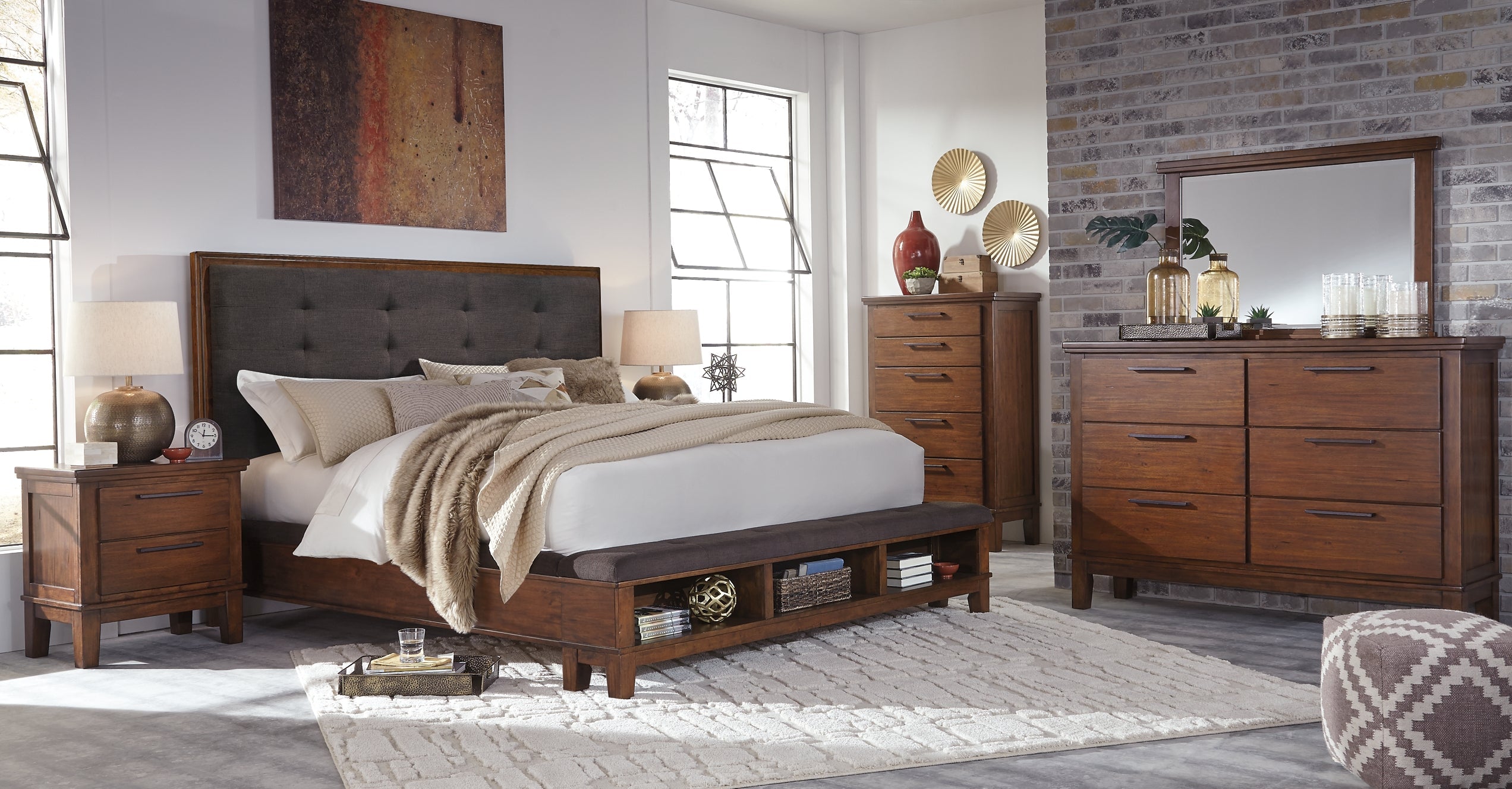 Ralene California King Upholstered Panel Bed with Mirrored Dresser, Chest and Nightstand