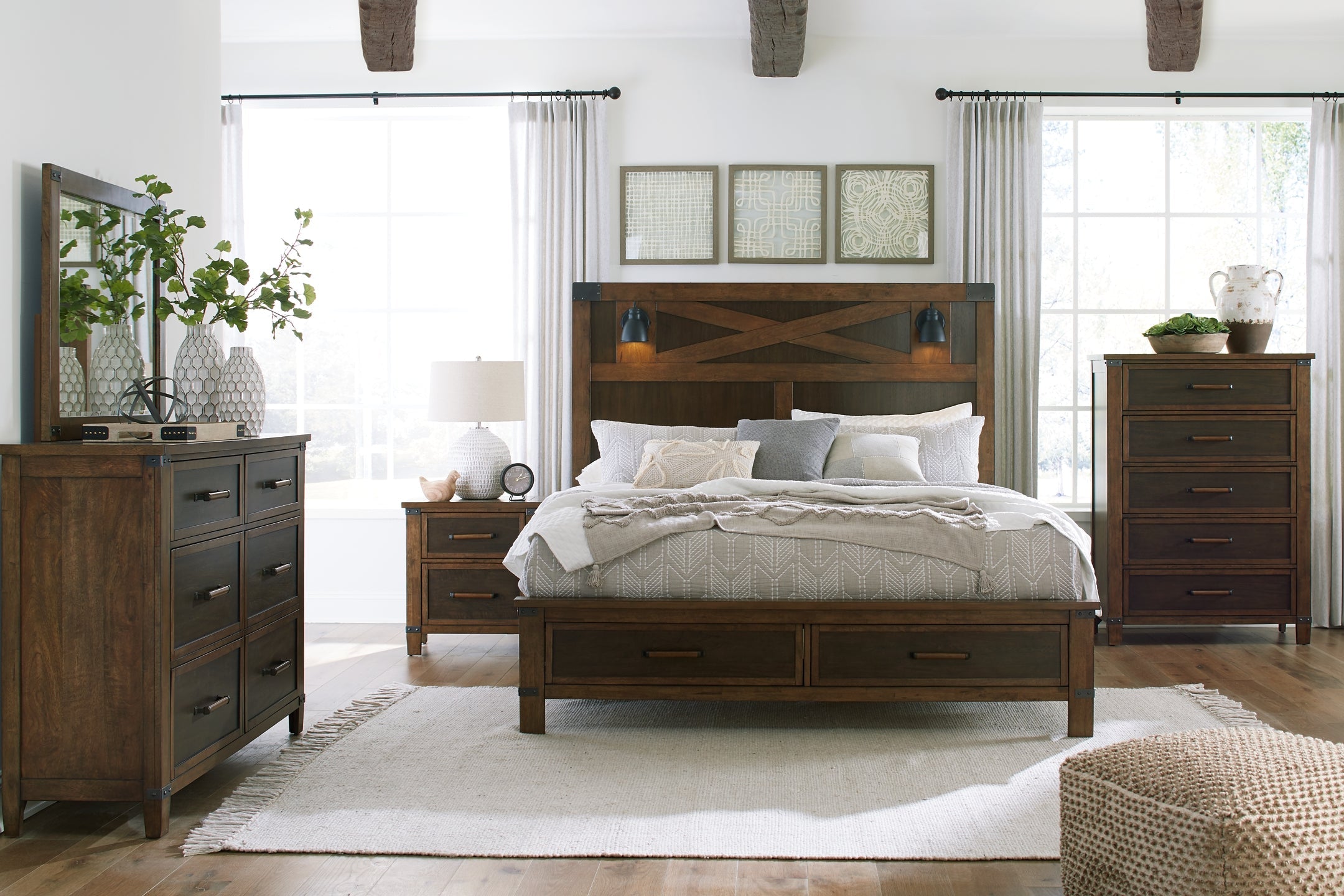 Wyattfield California King Panel Bed with Mirrored Dresser, Chest and Nightstand