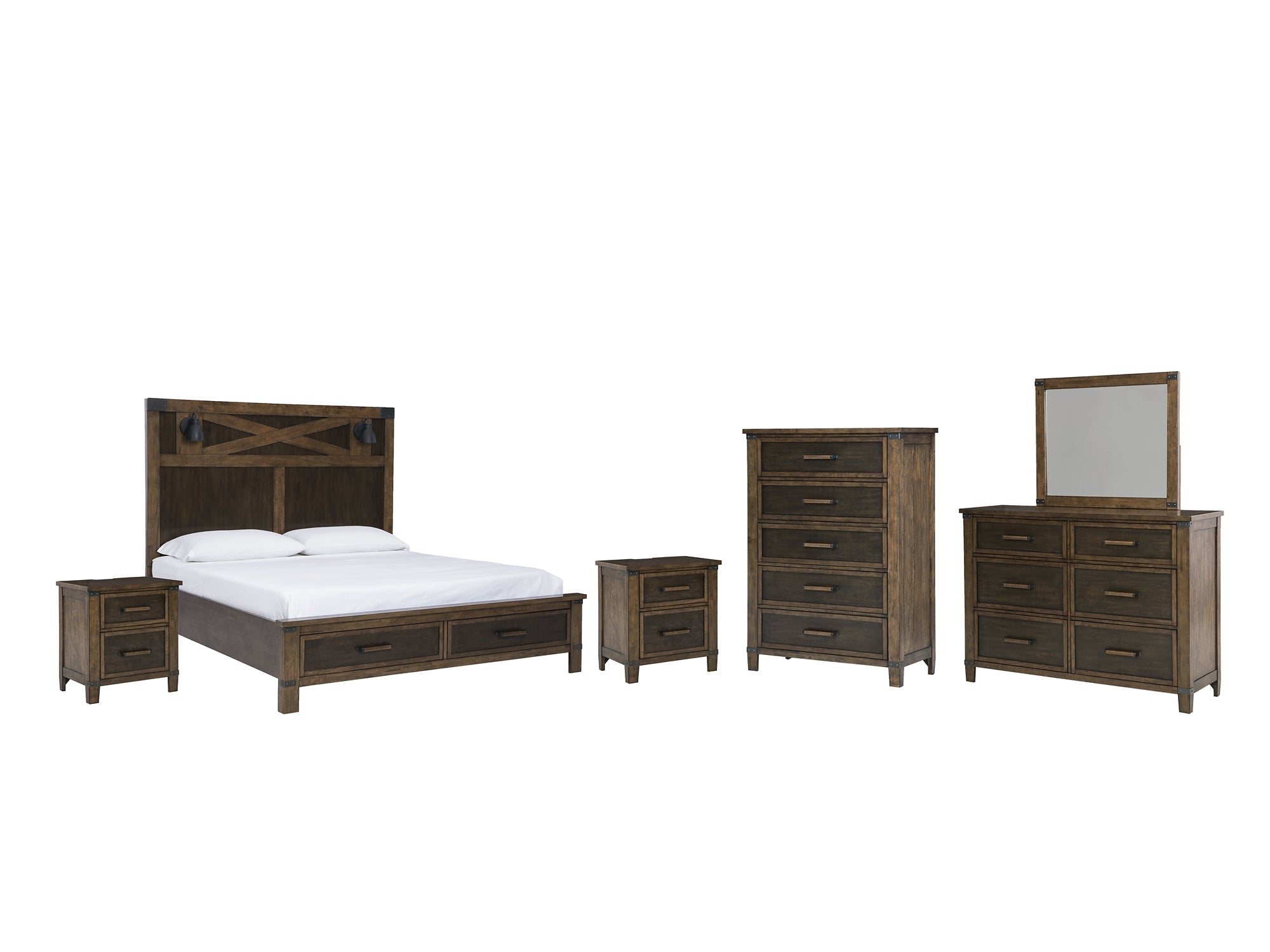 Wyattfield King Panel Bed with Mirrored Dresser, Chest and 2 Nightstands