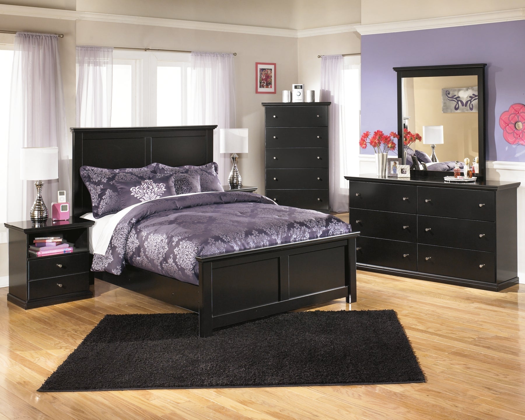 Maribel King Panel Bed with Mirrored Dresser and 2 Nightstands