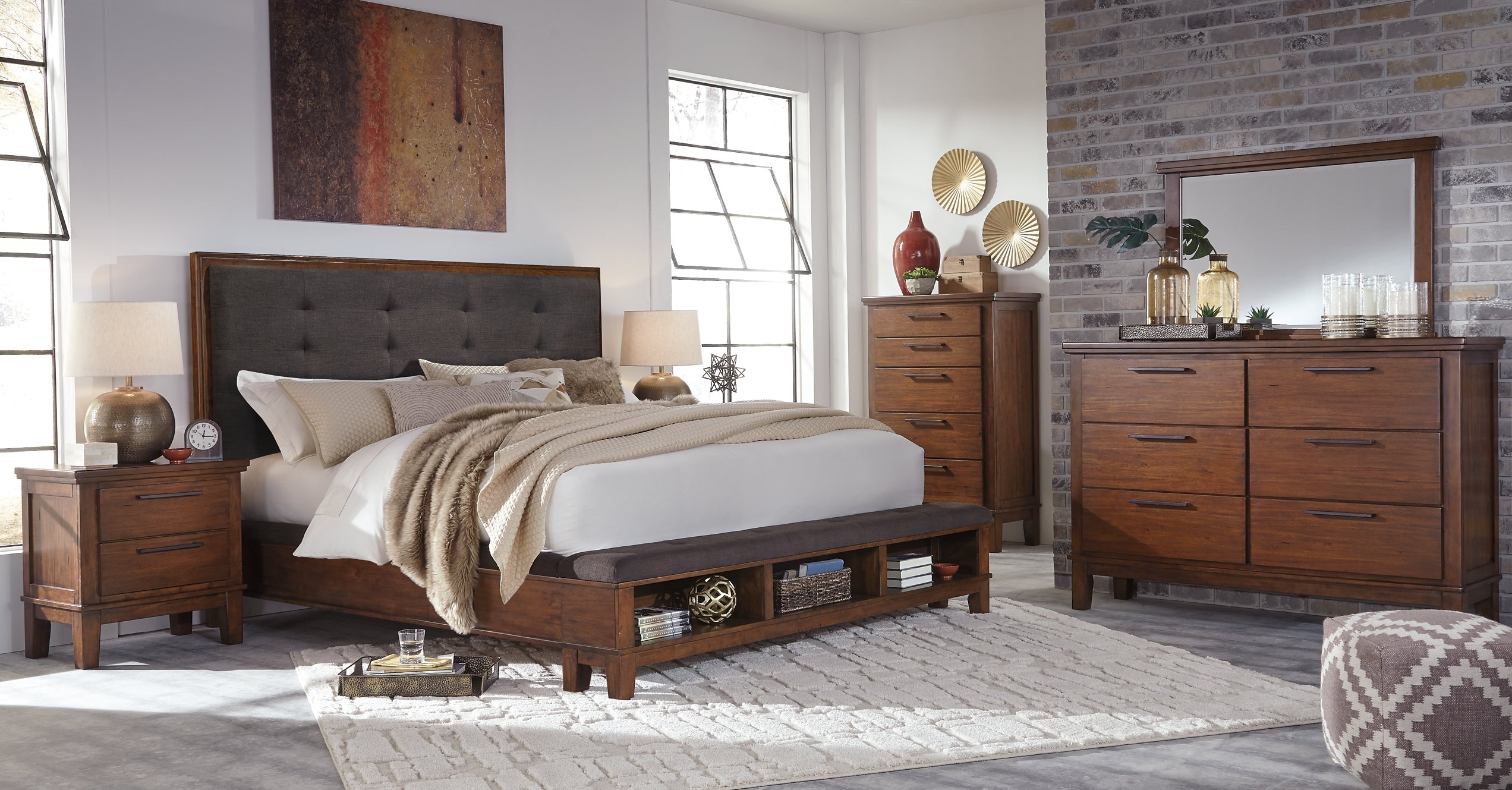 Ralene Queen Upholstered Panel Bed with Dresser and Chest