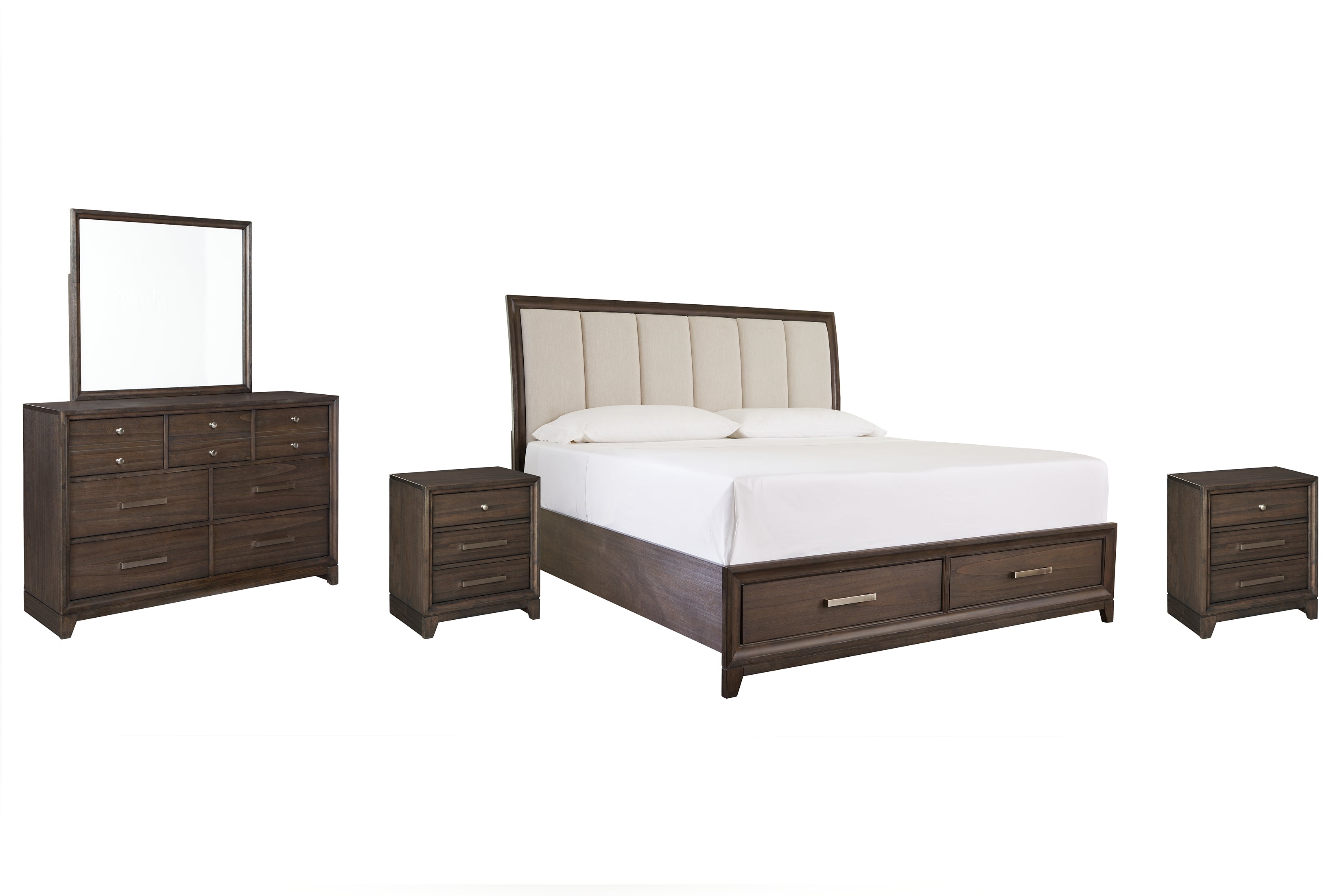 Brueban King Panel Bed with 2 Storage Drawers with Mirrored Dresser and 2 Nightstands