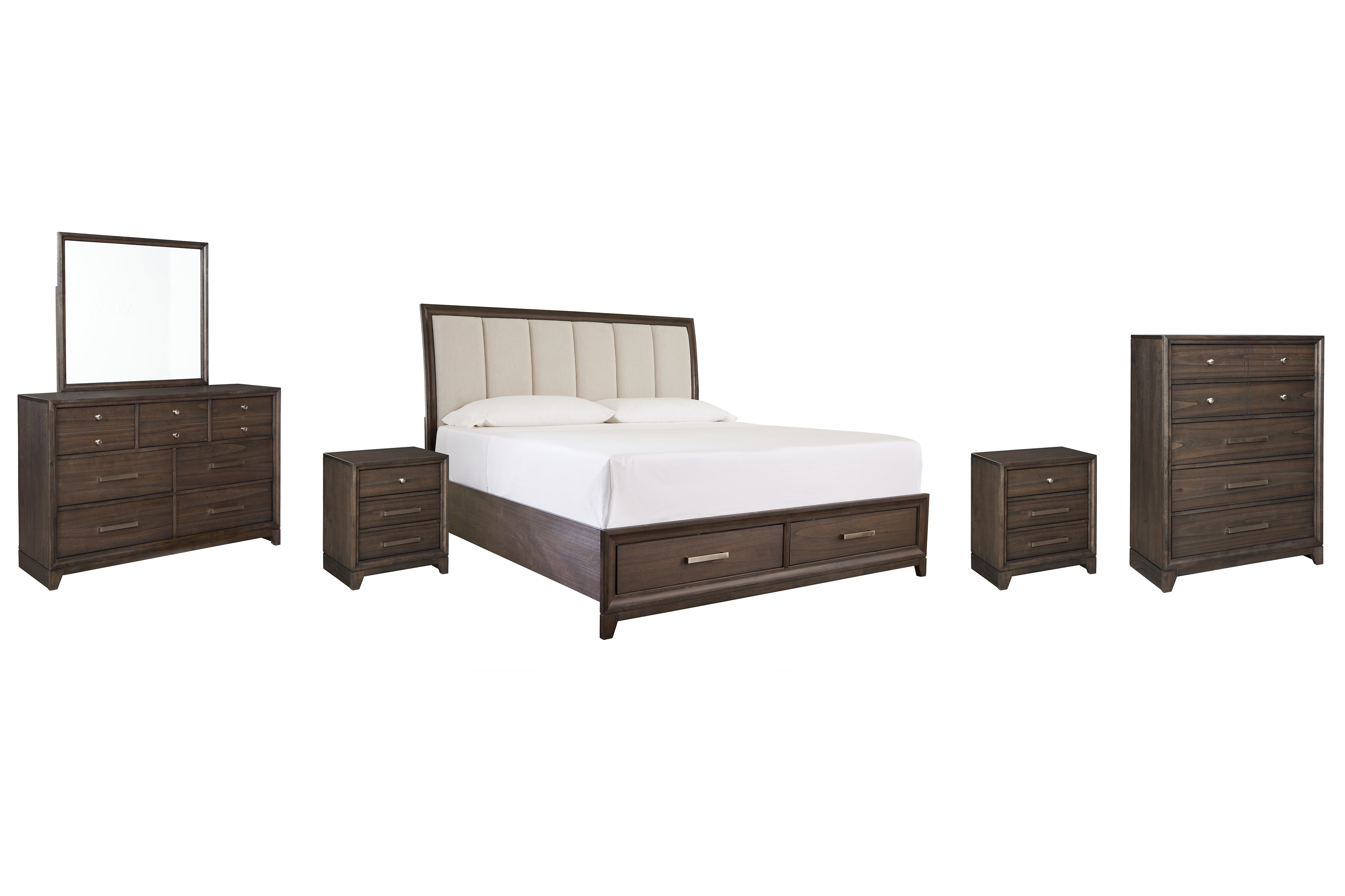 Brueban California King Panel Bed with 2 Storage Drawers with Mirrored Dresser, Chest and 2 Nightstands