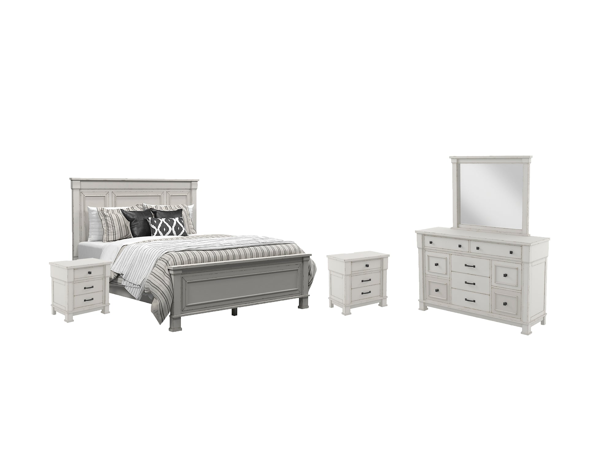 Jennily California King Panel Bed with Mirrored Dresser and 2 Nightstands