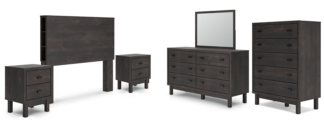 Toretto Queen Bookcase Headboard with Mirrored Dresser, Chest and 2 Nightstands