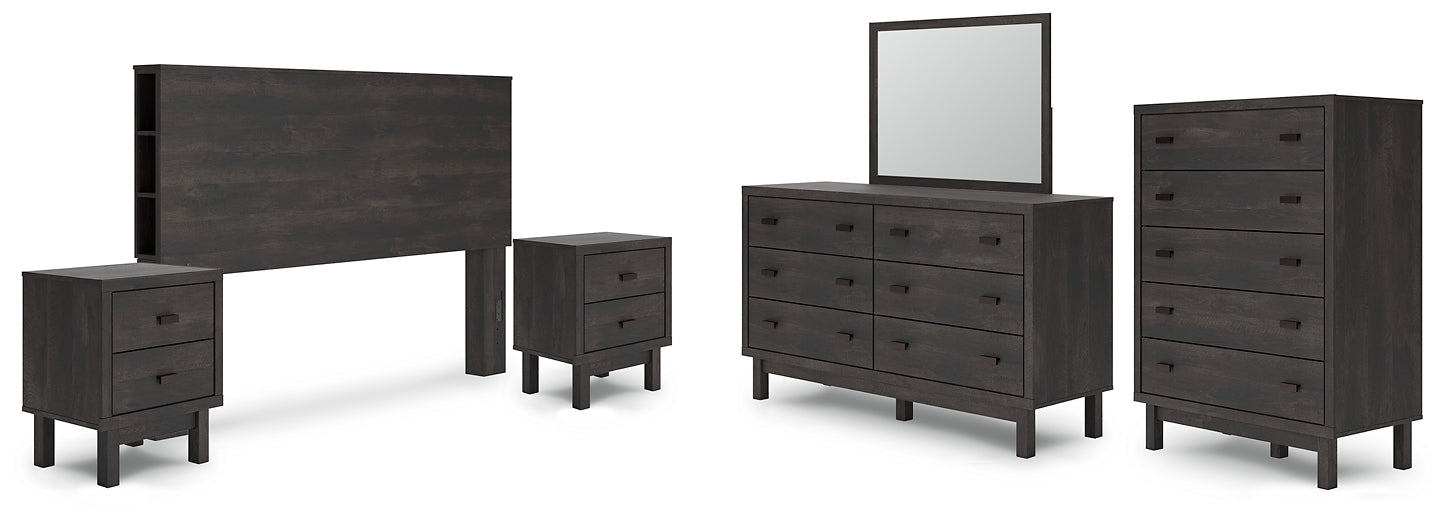 Toretto King Bookcase Headboard with Mirrored Dresser, Chest and 2 Nightstands