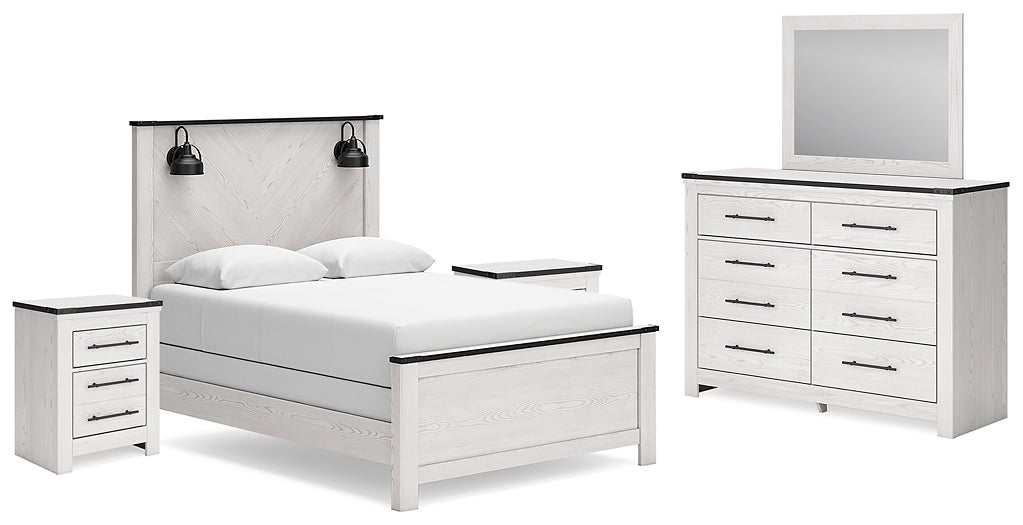 Schoenberg Queen Panel Bed with Mirrored Dresser and 2 Nightstands