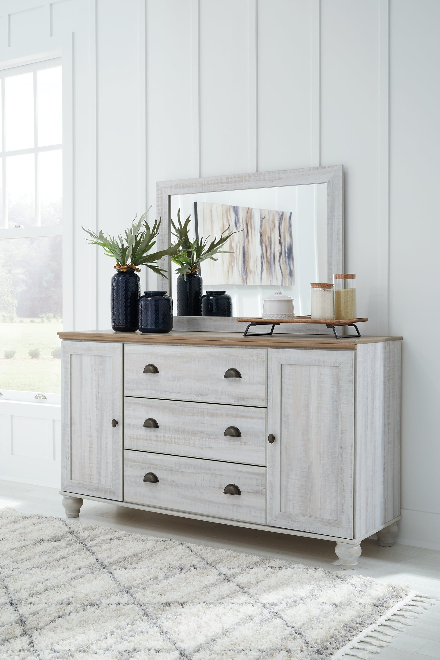 Haven Bay King Panel Storage Bed with Mirrored Dresser and Chest