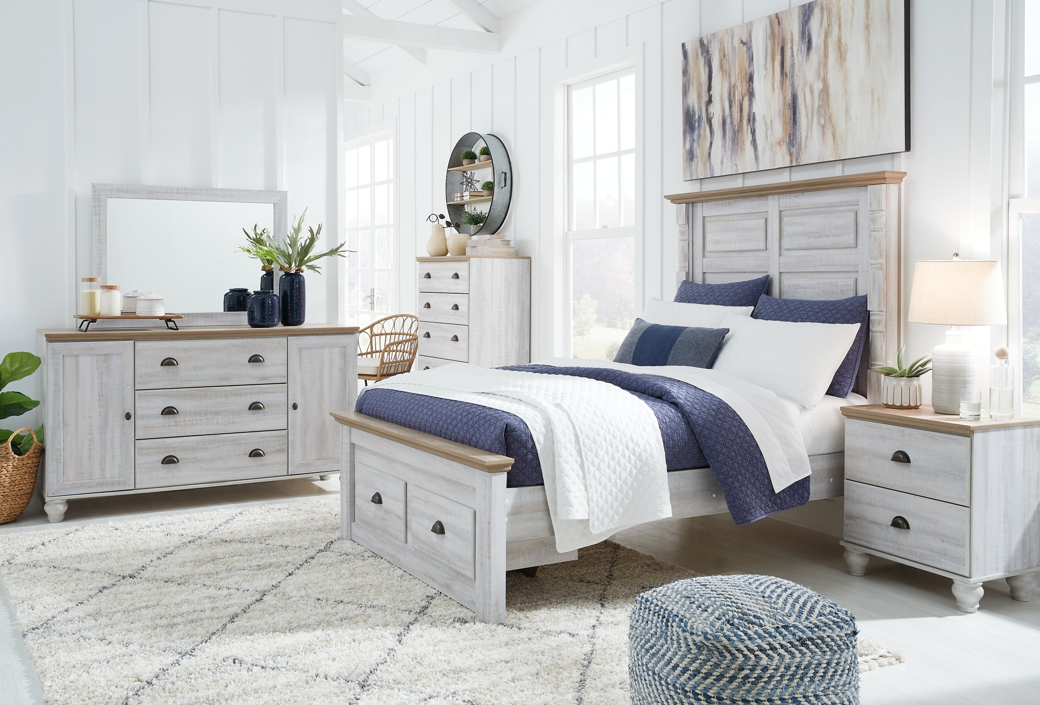 Haven Bay Full Panel Storage Bed with Mirrored Dresser, Chest and 2 Nightstands