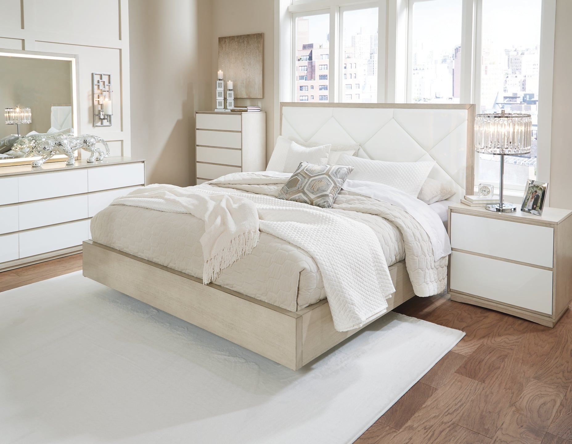 Wendora California King Upholstered Bed with Mirrored Dresser, Chest and 2 Nightstands