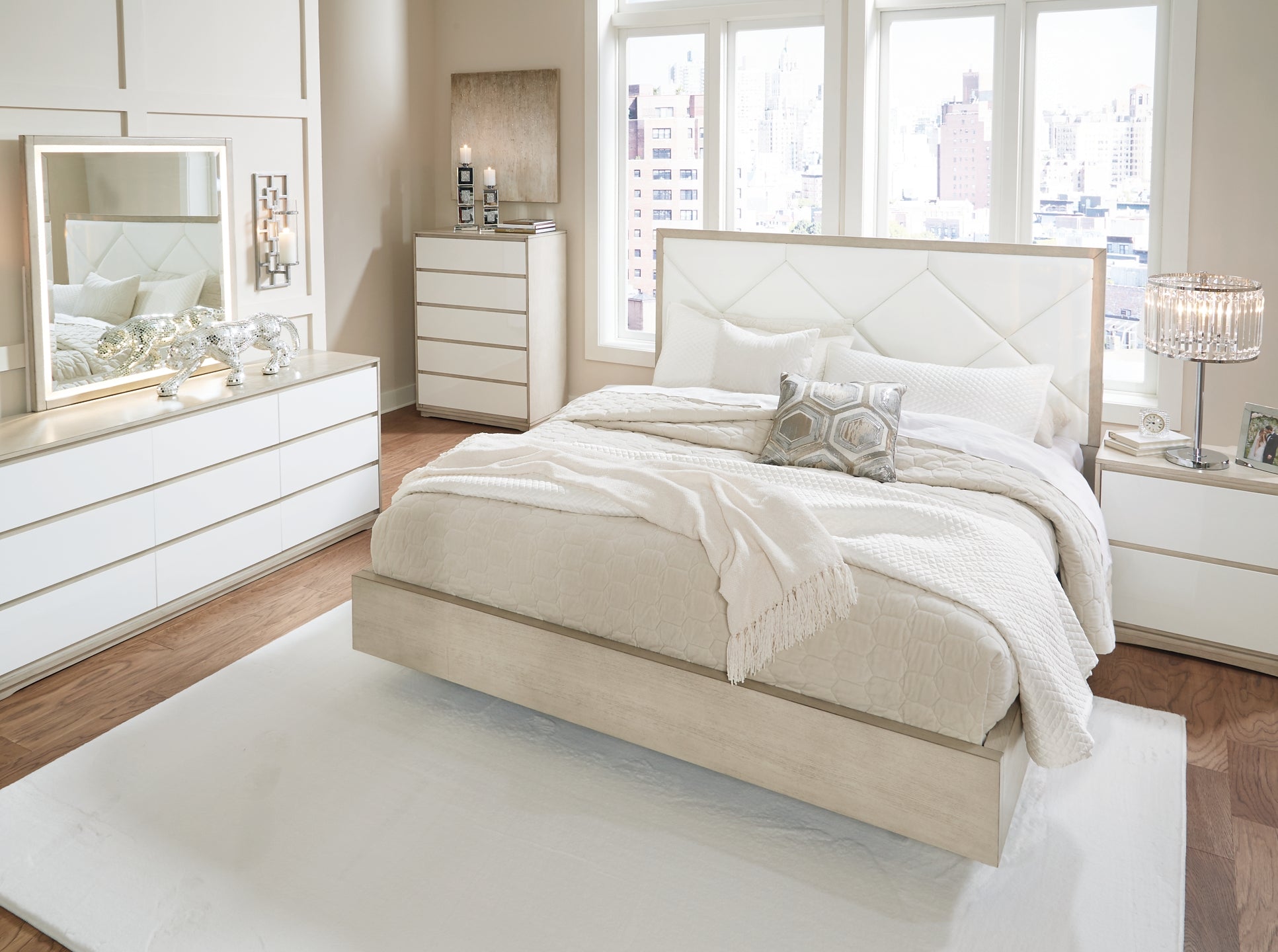 Wendora California King Upholstered Bed with Mirrored Dresser, Chest and 2 Nightstands