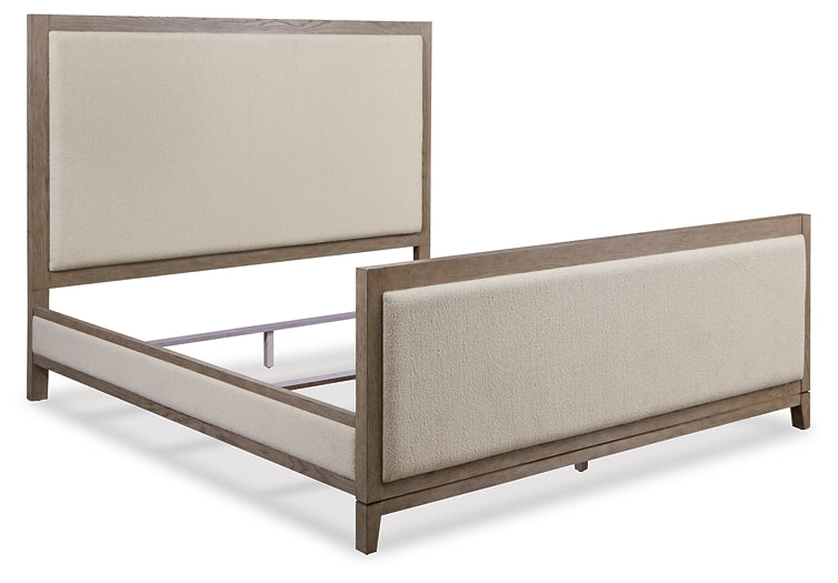 Chrestner Queen Upholstered Panel Bed with Mirrored Dresser, Chest and Nightstand