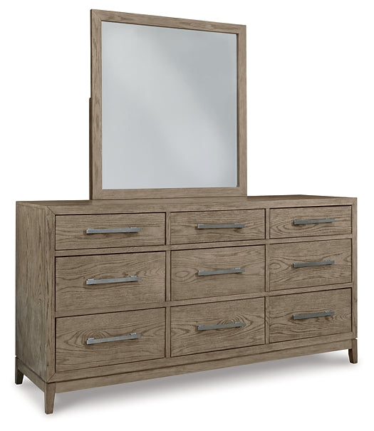 Chrestner Queen Upholstered Panel Bed with Mirrored Dresser and Chest