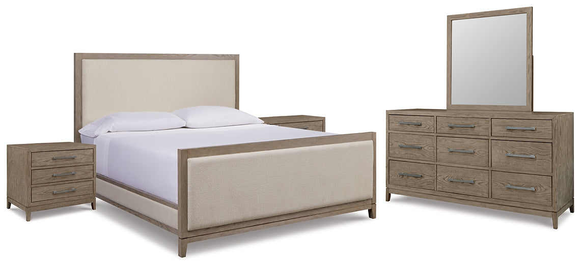 Chrestner Queen Upholstered Panel Bed with Mirrored Dresser and 2 Nightstands